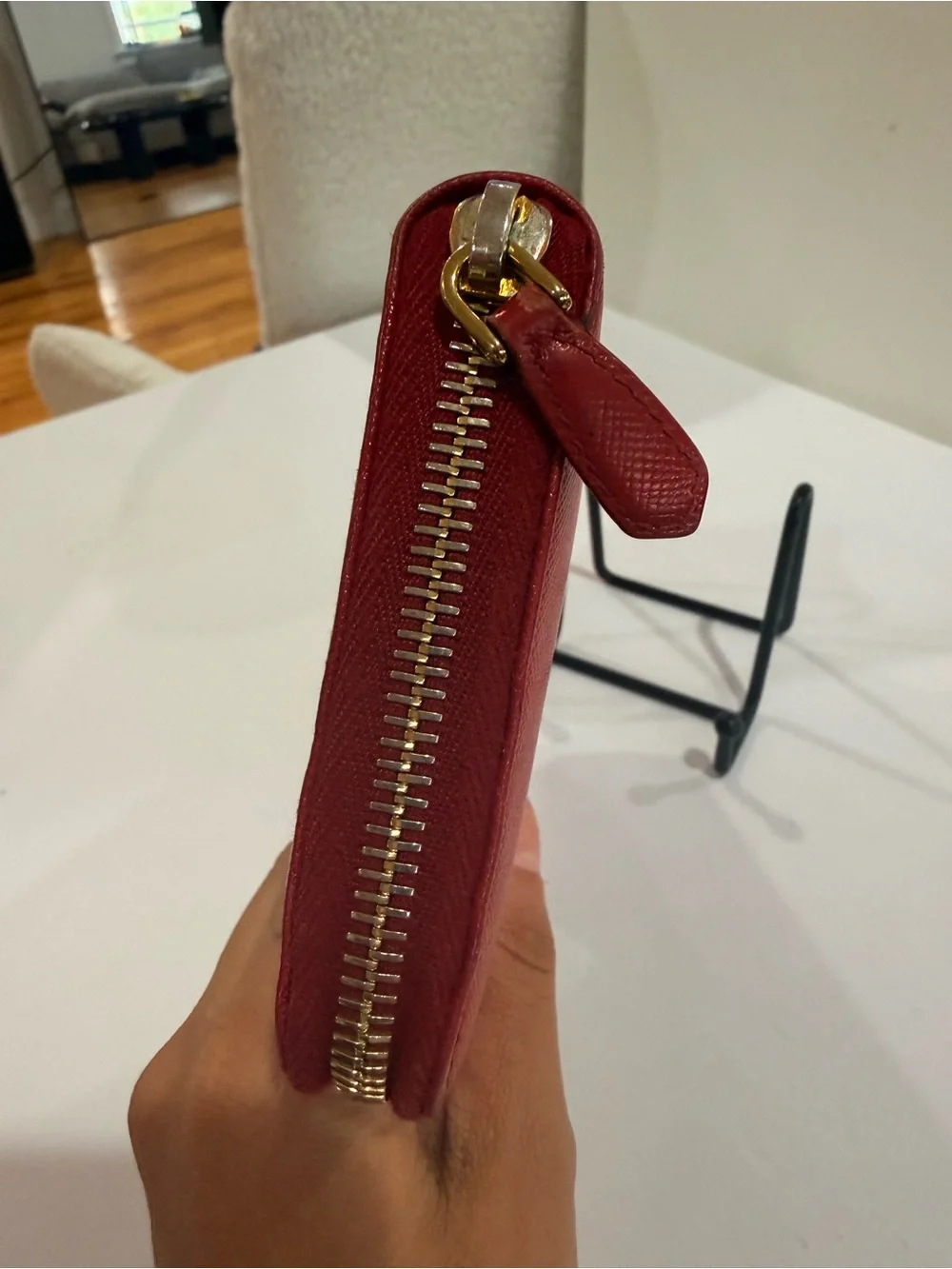 Prada Red Saffiano Zip Card Holder with Gold Logo
